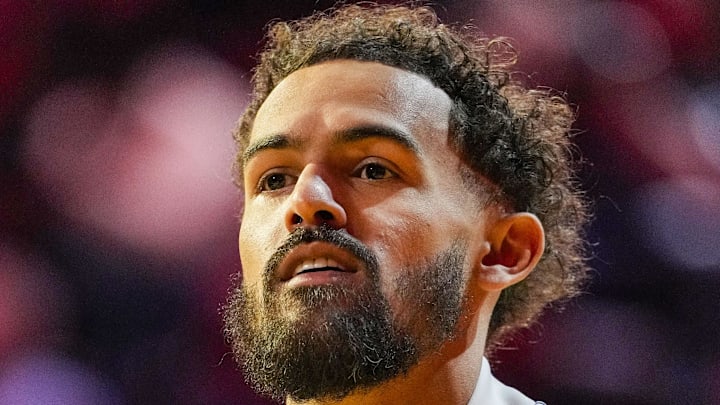 Trae Young warms up before the 2025 NBA All Star Game at Chase Center