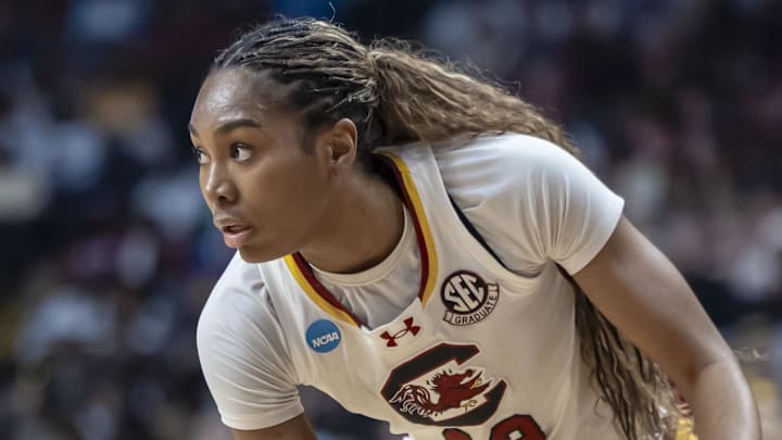 Mar 30, 2025; Birmingham, AL, USA; South Carolina Gamecocks guard Bree Hall (23) looks inside during the first half of an Elite 8 NCAA Tournament basketball game against the Duke Blue Devils at Legacy Arena. Mandatory Credit: Vasha Hunt-Imagn Images