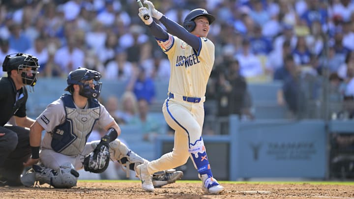 May 31, 2025; Los Angeles, California, USA; Los Angeles Dodgers second baseman Hyeseong Kim (6) hits a home run in the second inning against the New York Yankees at Dodger Stadium. Mandatory Credit: Jayne Kamin-Oncea-Imagn Images