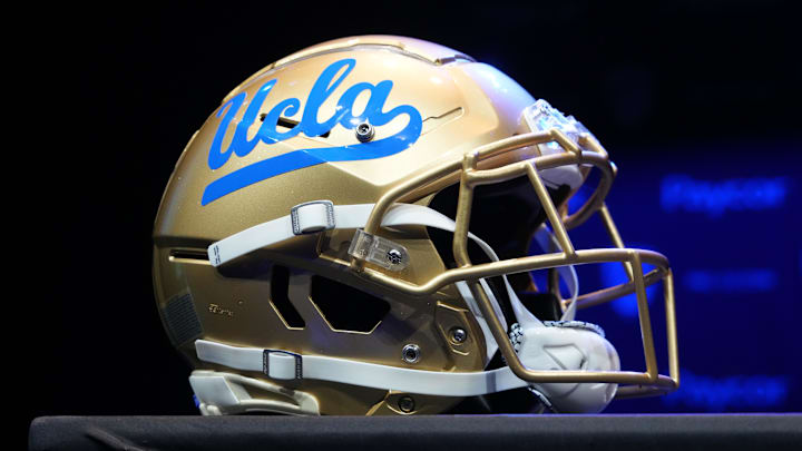 Jul 29, 2022; Los Angeles, CA, USA; A detailed view of UCLA Bruins helmet during Pac-12 Media Day at Novo Theater. Mandatory Credit: Kirby Lee-Imagn Images