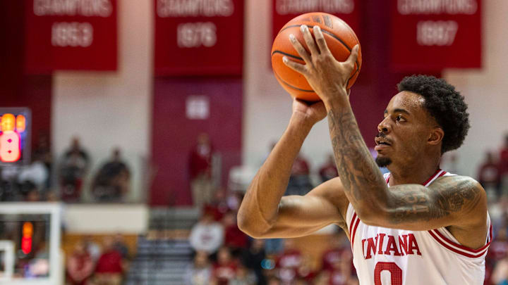 Indiana's Jasai Miles (0) shoots against Marian at Simon Skjodt Assembly Hall on Friday, Oct. 17, 2025.
