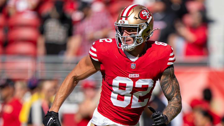 August 18, 2024; Santa Clara, California, USA; San Francisco 49ers tight end Eric Saubert (82) before the game against the New Orleans Saints at Levi's Stadium. Mandatory Credit: Kyle Terada-Imagn Images