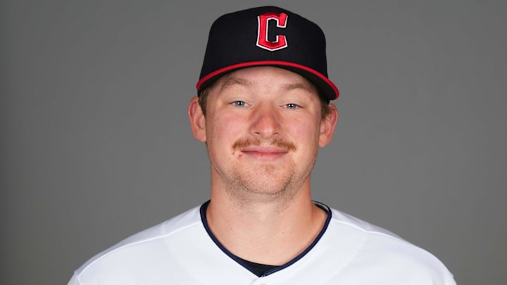 Feb 22, 2024; Goodyear, AZ, USA; Cleveland Guardians player Kyle Manzardo poses for a photo during