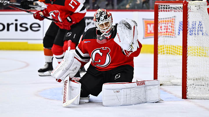 Apr 13, 2024; Philadelphia, Pennsylvania, USA; New Jersey Devils goalie Kaapo Kahkonen (31) defends the net against the Philadelphia Flyers in the third period at Wells Fargo Center. Mandatory Credit: Kyle Ross-USA TODAY Sports