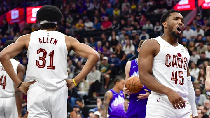 Mar 23, 2025; Salt Lake City, Utah, USA; Cleveland Cavaliers guard Donovan Mitchell (45) reacts to a call against the Utah Jazz at Delta Center. Mandatory Credit: Peter Creveling-Imagn Images Mar 23, 2025; Salt Lake City, Utah, USA; Cleveland Cavaliers guard Donovan Mitchell (45) reacts to a call against the Utah Jazz at Delta Center. Mandatory Credit: Peter Creveling-Imagn Images