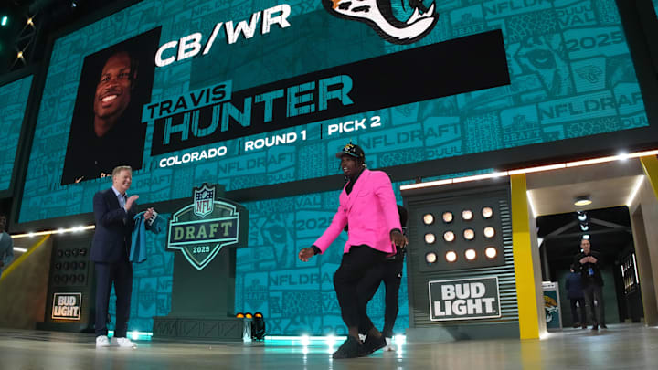 Apr 24, 2025; Green Bay, WI, USA; Colorado Buffaloes wide receiver Travis Hunter is selected by the Jacksonville Jaguars as the number two pick in the first round of the 2025 NFL Draft at Lambeau Field. Mandatory Credit: Kirby Lee-Imagn Images