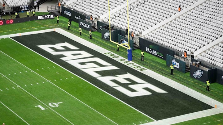 Sep 6, 2024; Sao Paulo, Brazil; The Philadelphia Eagles logo in the end zone at the 2024 NFL Sao Paolo Game at Neo Quimica Arena. Mandatory Credit: Kirby Lee-Imagn Images