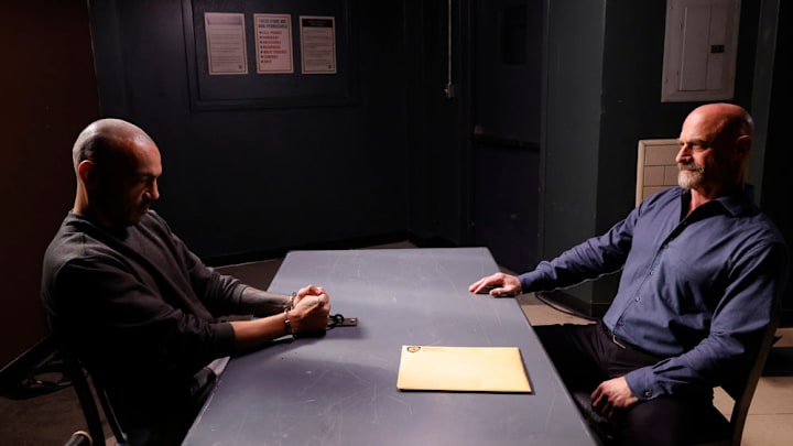 LAW & ORDER: ORGANIZED CRIME -- "Memory Lane" Episode 401 -- Pictured: (l-r) Mike Seal as Miguel "Mig" Espinosa, Christopher Meloni as Det. Elliot Stabler -- (Photo by: Will Hart/NBC)