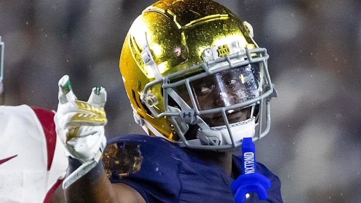 Oct 18, 2025; South Bend, Indiana, USA; Notre Dame Fighting Irish running back Jeremiyah Love (4) celebrates a first down against the Southern California Trojans during the second half at Notre Dame Stadium. Mandatory Credit: Michael Caterina-Imagn Images