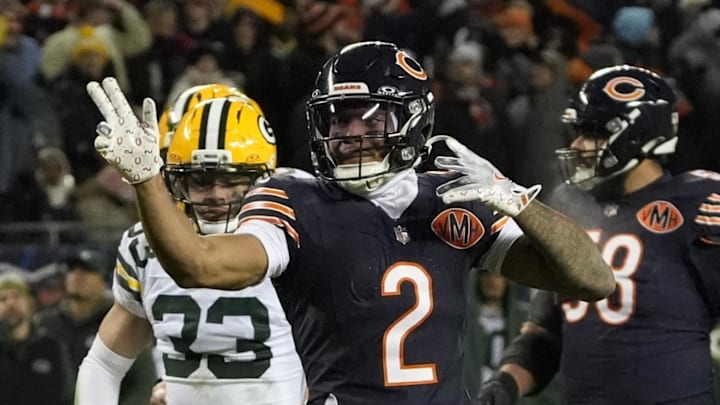 Jan 10, 2026; Chicago, IL, USA;  Chicago Bears wide receiver DJ Moore (2) reacts after making a first down catch against the Green Bay Packers during the first half of an NFC Wild Card Round game at Soldier Field. Mandatory Credit: David Banks-Imagn Images