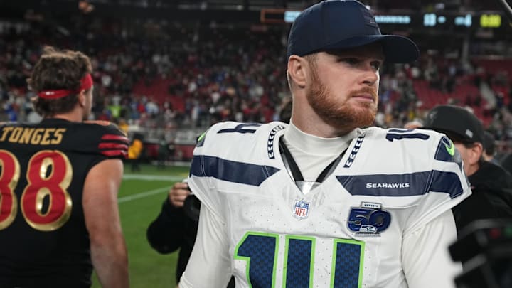 Jan 3, 2026; Santa Clara, California, USA; Seattle Seahawks quarterback Sam Darnold (14) reacts after the game at Levi's Stadium. 