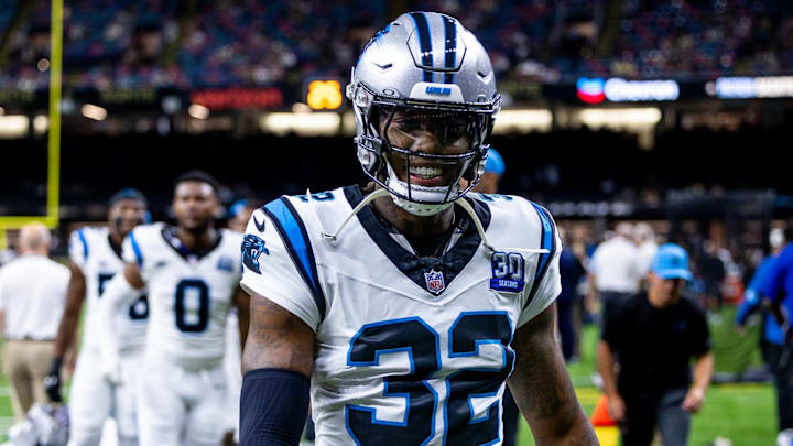 Sep 8, 2024; New Orleans, Louisiana, USA; Carolina Panthers cornerback Lonnie Johnson Jr. (32) walks off the field before the game against the New Orleans Saints at Caesars Superdome. Sep 8, 2024; New Orleans, Louisiana, USA; Carolina Panthers cornerback Lonnie Johnson Jr. (32) walks off the field before the game against the New Orleans Saints at Caesars Superdome.