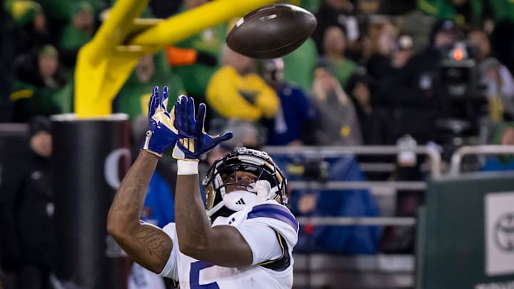 Washington wide receiver Giles Jackson hauls in a touchdown as the No. 1 Oregon Ducks host the Washington Huskies Saturday, Nov. 30, 2024 at Autzen Stadium in Eugene, Ore.