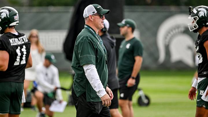 Michigan State’s head coach Pat Fitzgerald looks on during football practice on Thursday, Aug. 6, 2026, in East Lansing. Michigan State’s head coach Pat Fitzgerald looks on during football practice on Thursday, Aug. 6, 2026, in East Lansing.