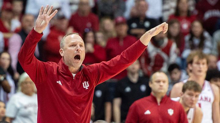 Indiana Head Coach Darian DeVries during the Indiana versus Wisconsin men's basketball game at Simon Skjodt Assembly Hall on Saturday, Feb. 7, 2026.