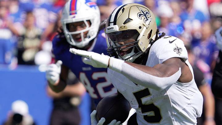 New Orleans Saints running back Kendre Miller finds an opening to run through during first half action of the Bills home game against the New Orleans Saints in Orchard Park on Sept. 28, 2025. New Orleans Saints running back Kendre Miller finds an opening to run through during first half action of the Bills home game against the New Orleans Saints in Orchard Park on Sept. 28, 2025.