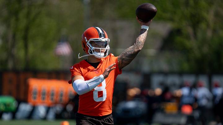 Dillon Gabriel, quarterback, throws the ball at the Browns mini camp in Berea on April 21, 2026.