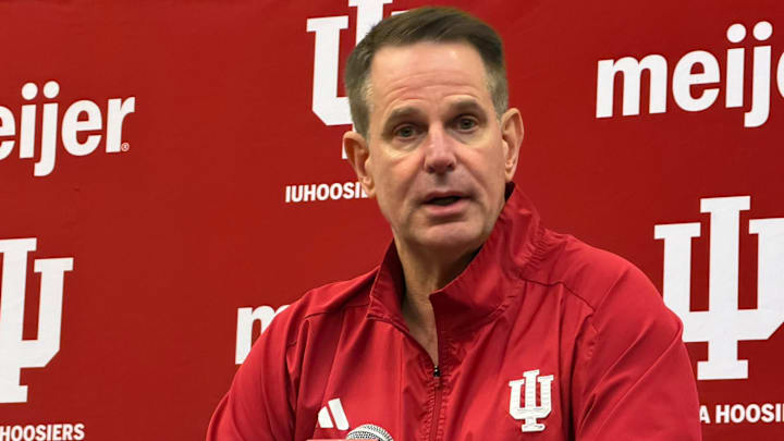 Indiana football coach Curt Cignetti speaks to reporters Dec. 1, 2025, at Memorial Stadium in Bloomington.