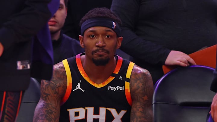 Apr 9, 2025; Phoenix, Arizona, USA; Phoenix Suns guard Bradley Beal (3) reacts on the bench against the Oklahoma City Thunder during the second half at Footprint Center. Mandatory Credit: Mark J. Rebilas-Imagn Images