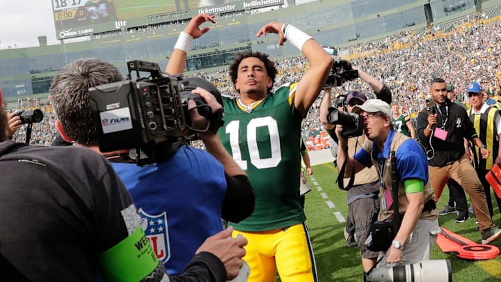 Green Bay Packers quarterback Jordan Love (10) celebrates after defeating the New Orleans Saints last year. Green Bay Packers quarterback Jordan Love (10) celebrates after defeating the New Orleans Saints last year.
