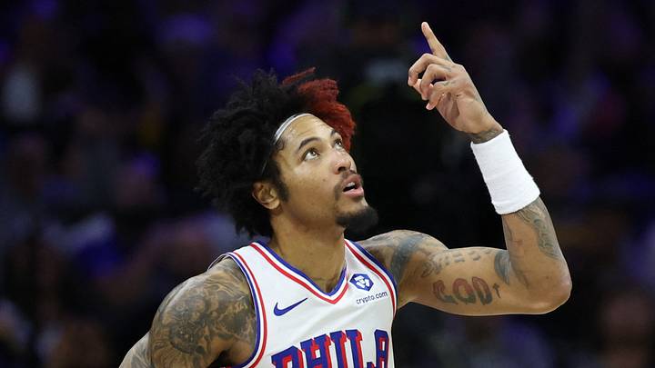 Apr 30, 2026; Philadelphia, Pennsylvania, USA; Philadelphia 76ers guard Kelly Oubre Jr. (9) reacts to his three pointer in front of Boston Celtics guard Jaylen Brown (7) during the second quarter at Xfinity Mobile Arena. Mandatory Credit: Bill Streicher-Imagn Images Apr 30, 2026; Philadelphia, Pennsylvania, USA; Philadelphia 76ers guard Kelly Oubre Jr. (9) reacts to his three pointer in front of Boston Celtics guard Jaylen Brown (7) during the second quarter at Xfinity Mobile Arena. Mandatory Credit: Bill Streicher-Imagn Images