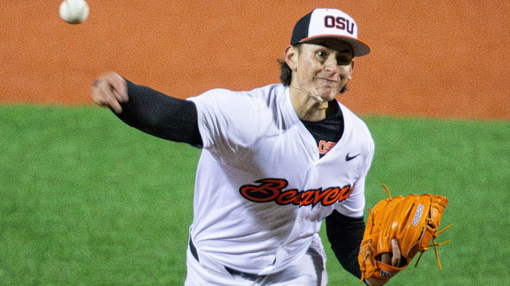 Oregon State's Eric Segura (16) pitches the ball during an NCAA college baseball game at Goss Stadium on Friday, March 7, 2025, in Corvallis, Ore.