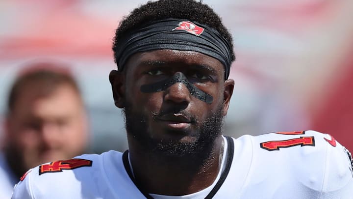 Sep 17, 2023; Tampa, Florida, USA; Tampa Bay Buccaneers wide receiver Chris Godwin (14) looks on prior to the game against the Chicago Bears at Raymond James Stadium. Mandatory Credit: Kim Klement Neitzel-Imagn Images