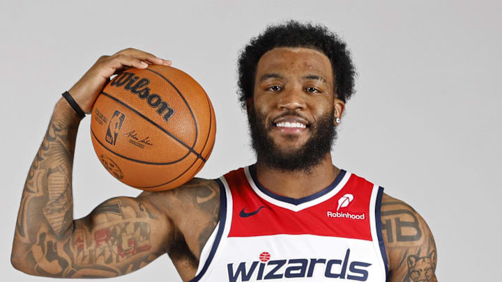 Sep 30, 2024; Washington, DC, USA; Washington Wizards forward Saddiq Bey (14) poses for a portrait during Washington Wizards media day 2024 at Capital One Arena. Mandatory Credit: Geoff Burke-Imagn Images