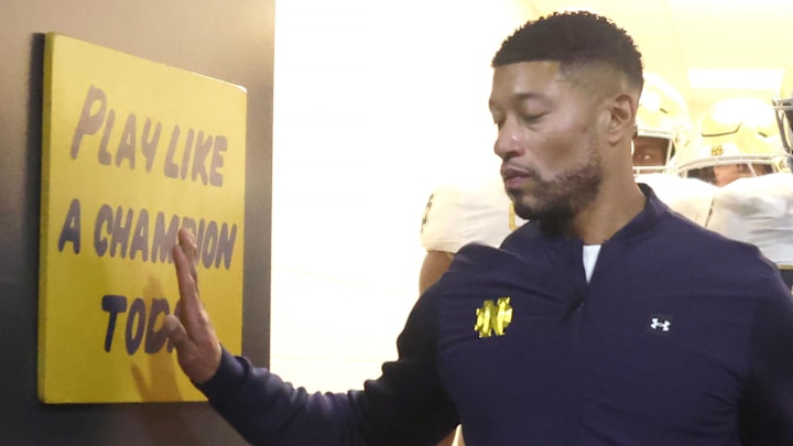 Nov 15, 2025; Pittsburgh, Pennsylvania, USA; Notre Dame Fighting Irish head coach Marcus Freeman leads the team from the locker room to play the Pittsburgh Panthers at Acrisure Stadium. Nov 15, 2025; Pittsburgh, Pennsylvania, USA; Notre Dame Fighting Irish head coach Marcus Freeman leads the team from the locker room to play the Pittsburgh Panthers at Acrisure Stadium.