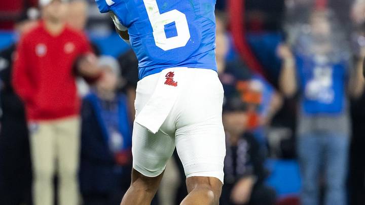Jan 8, 2026; Glendale, AZ, USA; Detailed view of the jersey of Mississippi Rebels quarterback Trinidad Chambliss (6) against the Miami Hurricanes during the 2026 Fiesta Bowl and semifinal game of the College Football Playoff at State Farm Stadium. Mandatory Credit: Mark J. Rebilas-Imagn Images
