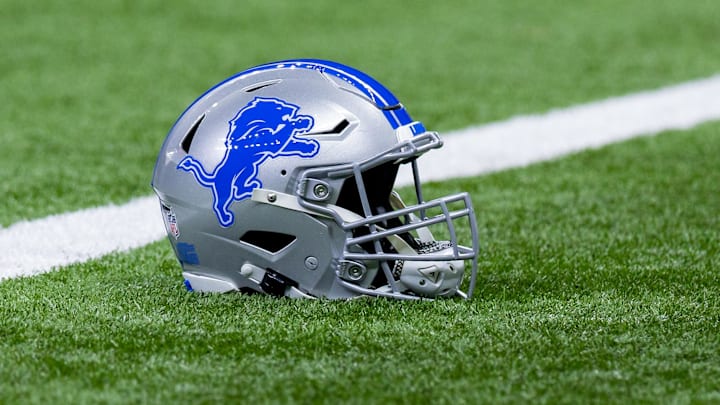 Dec 3, 2023; New Orleans, Louisiana, USA; Detailed view of the Detroit Lions helmet during warmups before the game against the New Orleans Saints at Caesars Superdome. Mandatory Credit: Stephen Lew-Imagn Images