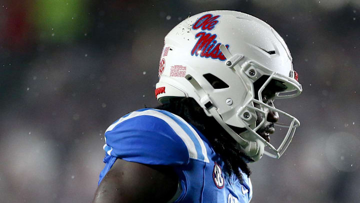 Nov 9, 2024; Oxford, Mississippi, USA; Mississippi Rebels defensive lineman Princely Umanmielen (1) waits for the snap during the second half against the Mississippi Rebels at Vaught-Hemingway Stadium. Mandatory Credit: Petre Thomas-Imagn Images