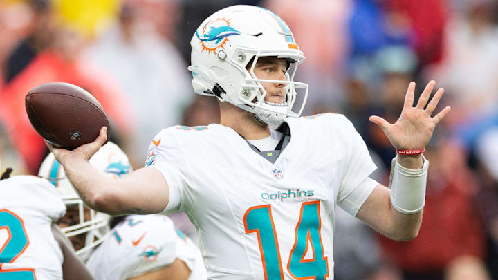 Miami Dolphins quarterback Quinn Ewers (14) throws a pass against the Cleveland Browns during the fourth quarter at Huntington Bank Field.