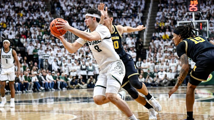Michigan State's Frankie Fidler moves to the hoop against Michigan during the first half on Sunday, March 9, 2025, at the Breslin Center in East Lansing.