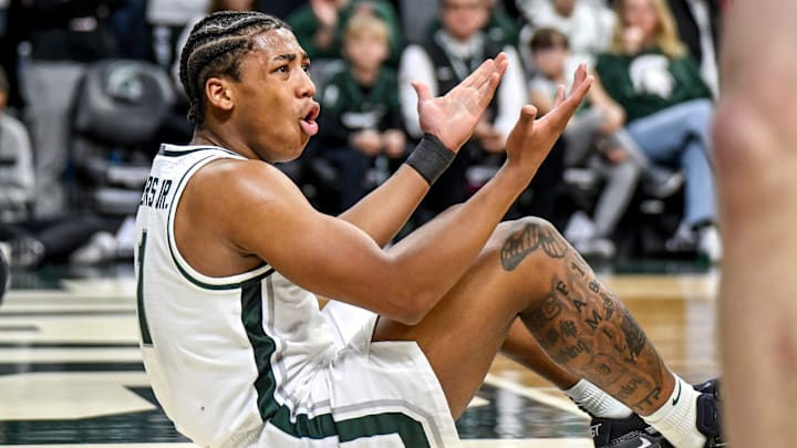 Michigan State's Jeremy Fears Jr. looks for the foul after a shot against Ohio State during the first half on Sunday, Feb. 22, 2026, at the Breslin Center in East Lansing.