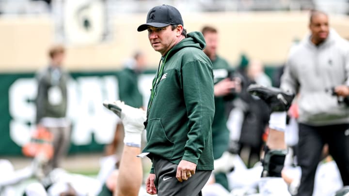 Michigan State's head coach Jonathan Smith looks on during the Spring Showcase on Saturday, April 20, 2024, at Spartan Stadium in East Lansing.