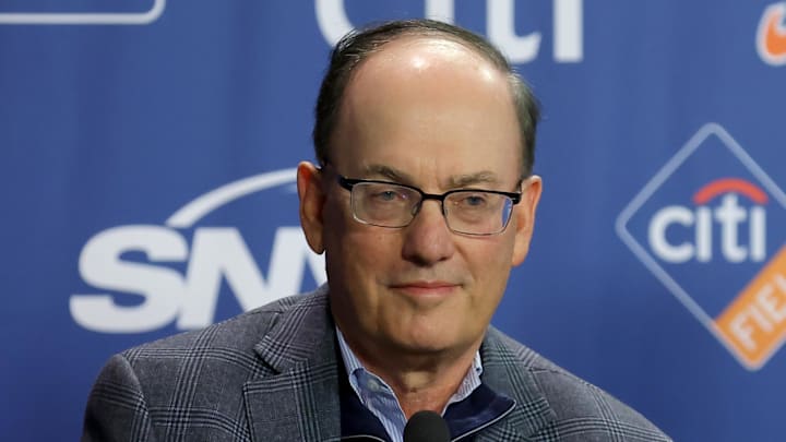 Dec 12, 2024; Flushing, NY, USA; New York Mets owner Steve Cohen speaks during right fielder Juan Soto's introductory press conference at Citi Field. Mandatory Credit: Brad Penner-Imagn Images