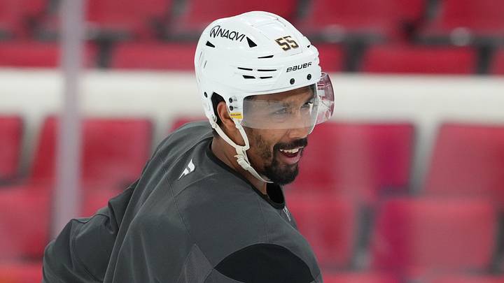 Jun 1, 2026; Raleigh, North Carolina, USA; Vegas Golden Knights right wing Keegan Kolesar (55) reacts during the practice during media day for the 2026 Stanley Cup Final at Lenovo Center. Mandatory Credit: James Guillory-Imagn Images Jun 1, 2026; Raleigh, North Carolina, USA; Vegas Golden Knights right wing Keegan Kolesar (55) reacts during the practice during media day for the 2026 Stanley Cup Final at Lenovo Center. Mandatory Credit: James Guillory-Imagn Images