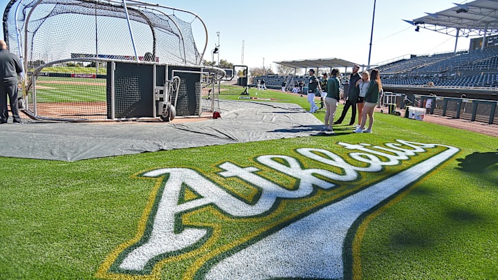 Feb 23, 2018; Mesa, AZ, USA; A general view of a logo on the field prior to the game between the Los Angeles Angels and the Oakland Athletics at Hohokam Stadium. Mandatory Credit: Jayne Kamin-Oncea-Imagn Images