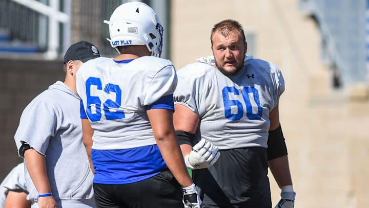 Mason McCormick (60) talks to another player during practice at Dana J. Dykhouse Stadium in Brookings, South Dakota on Monday, August 14, 2023.
