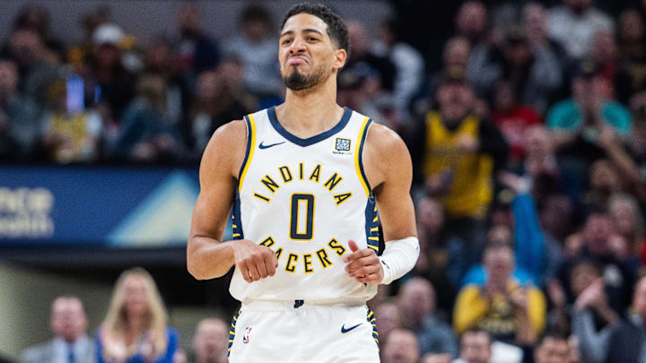Mar 4, 2025; Indianapolis, Indiana, USA; Indiana Pacers guard Tyrese Haliburton (0) celebrates a made basket  in the second half against the Houston Rockets at Gainbridge Fieldhouse. Mandatory Credit: Trevor Ruszkowski-Imagn Images