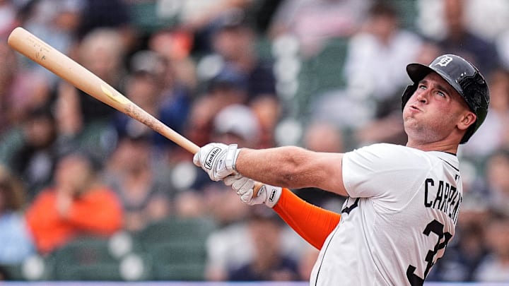 Detroit Tigers designated hitter Kerry Carpenter (30) bats against Atlanta Braves during the ninth inning at Comerica Park in Detroit on Sunday, Sept. 21, 2025. Detroit Tigers designated hitter Kerry Carpenter (30) bats against Atlanta Braves during the ninth inning at Comerica Park in Detroit on Sunday, Sept. 21, 2025.