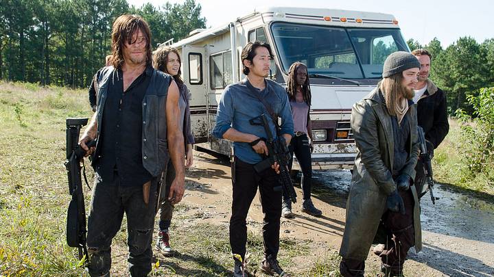 Norman Reedus as Daryl Dixon, Lauren Cohan as Maggie Greene, Steven Yeun as Glenn Rhee, Danai Gurira as Michonne, Andrew Lincoln as Rick Grimes, and Tom Payne as Jesus - The Walking Dead _ Season 6, Episode 11 - Photo Credit: Gene Page/AMC Norman Reedus as Daryl Dixon, Lauren Cohan as Maggie Greene, Steven Yeun as Glenn Rhee, Danai Gurira as Michonne, Andrew Lincoln as Rick Grimes, and Tom Payne as Jesus - The Walking Dead _ Season 6, Episode 11 - Photo Credit: Gene Page/AMC