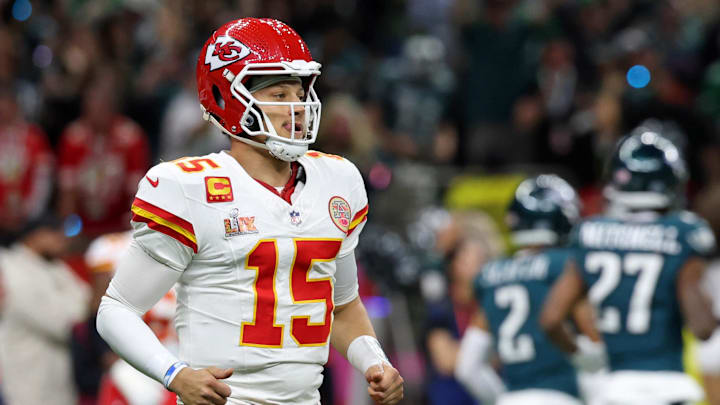 Feb 9, 2025; New Orleans, LA, USA; Kansas City Chiefs quarterback Patrick Mahomes (15) reacts after a play against the Philadelphia Eagles during the first half of Super Bowl LIX at Caesars Superdome. Mandatory Credit: Geoff Burke-Imagn Images
