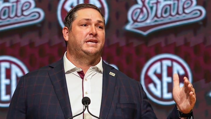 Mississippi State Bulldogs head coach Jeff Lebby talks to the media during the SEC Media Days at Omni Atlanta Hotel. Mississippi State Bulldogs head coach Jeff Lebby talks to the media during the SEC Media Days at Omni Atlanta Hotel.