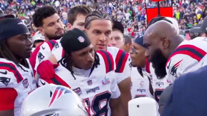 New England Patriots offensive tackle Morgan Moses gives a speech to the team’s offense during Super Bowl LX.