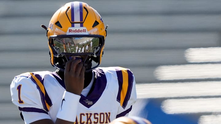 Dec 6, 2024; Birmingham, AL, USA; Jackson's Landon Duckworth (1) comes to the line of scrimmage to run a play against Cherokee County at Protective Stadium in the AHSAA 4A State Championship game.