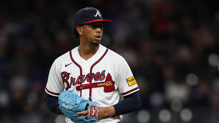 Mar 28, 2026; Cumberland, Georgia, USA; Atlanta Braves relief pitcher Osvaldo Bido (70) throws against the Kansas City Royals in the eight inning at Truist Park. Mandatory Credit: Mady Mertens-Imagn Images
