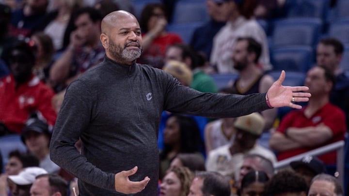 Mar 13, 2024; New Orleans, Louisiana, USA; Cleveland Cavaliers head coach JB Bickerstaff looks on against the New Orleans Pelicans during the second half at Smoothie King Center. Mandatory Credit: Stephen Lew-Imagn Images
