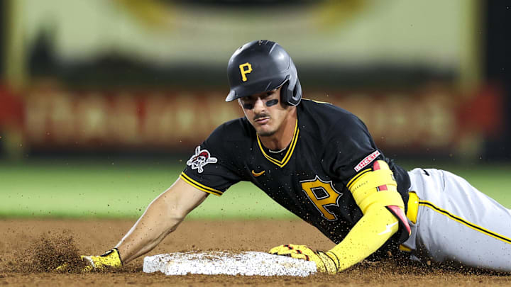 Mar 9, 2026; Tampa, Florida, USA; Pittsburgh Pirates shortstop Konnor Griffin (75) runs to second base on a two-rbi double against the New York Yankees in the fifth inning during spring training at George M. Steinbrenner Field. Mandatory Credit: Nathan Ray Seebeck-Imagn Images